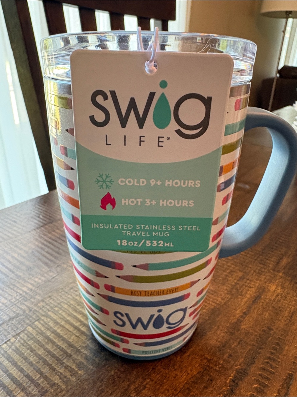 NWT Swig Life Insulated Travel Mug - Blue Handle with Multicolor Pencil Stripes
